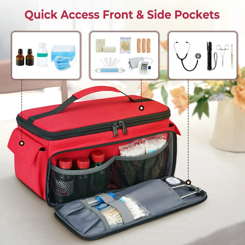Front view of red Mancro first aid bag with multiple pockets and visible medical supplies.