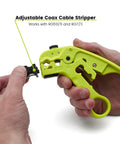 Pro Grade Wire Stripping And Cutting Tool For Ethernet Cabling And Coax Adjustable Blade Depth in hand, ABS build, coax blade cassette