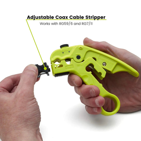 Pro Grade Wire Stripping And Cutting Tool For Ethernet Cabling And Coax Adjustable Blade Depth in hand, ABS build, coax blade cassette