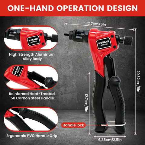 One Hand Rivet Nut Tool Kit All In One For Tight Spaces With 8 Inch Tool And 160 Nuts, durable aluminum body and handle lock