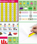 Self Adhesive Primary Kid Friendly Desk Nameplates Pack Of 36 Featuring Manuscript Alphabet, Upper And Lower Case Letters, collage image showing educational tools like ruler, number chart, and alphabet.