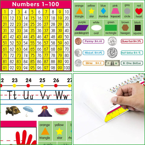 Self Adhesive Primary Kid Friendly Desk Nameplates Pack Of 36 Featuring Manuscript Alphabet, Upper And Lower Case Letters, collage image showing educational tools like ruler, number chart, and alphabet.