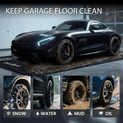 Heavy-Duty 7'9 By 16' Garage Floor Mat With 610GSM Beefed-Up Commercial PVC Containment Mat, trapping water and mud from car tires