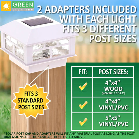 Solar Post Cap Lights 8 Pack No Fuss Install Fits 4x4 Wood Posts And 4x4 5x5 PVC Vinyl Posts With Adapters Waterproof White Bright LED Outdoor Fence Post Lighting For Garden Deck Landscaping, showing adapters included for 3 post sizes.