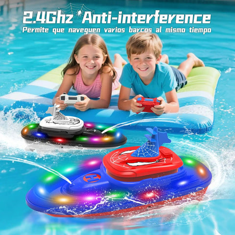 Kids playing with Spider Hero RC Battle Boat 2 Pack Set With Water Spray Dual Combat Modes LED Lights For Pools Lakes Ponds