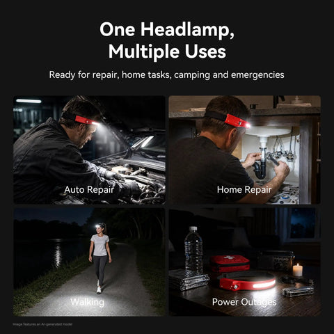 Rechargeable Headlamp With 1200 Lumens COB LED Beam, 230 Degree Wide Beam And Side Spot Light used for auto repair, home use, outdoor activities