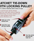 Hands using a Heavy Duty Rope Ratchet 1/2 Inch With Locking Pulley Adjustable Hanger; close-up showing usage instructions.