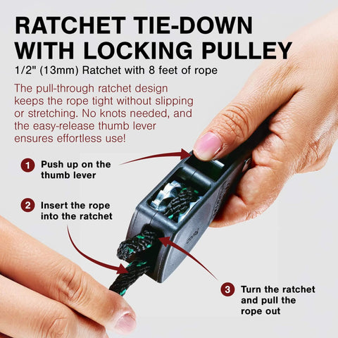 Hands using a Heavy Duty Rope Ratchet 1/2 Inch With Locking Pulley Adjustable Hanger; close-up showing usage instructions.