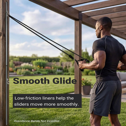 Solid Dual Sliding Wall Anchor Rail System With Adjustable Height For Resistance Bands And Suspension Trainers Made From Heavy Duty Aluminum in use outdoors.