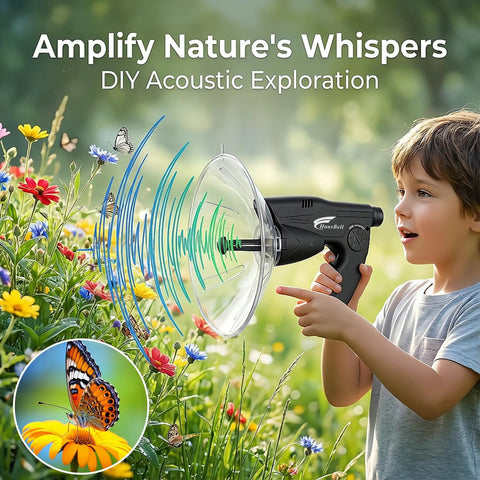 Child using Parabolic Listening Kit With Bionic Ear And 8x Monocular to listen to nature sounds in a flower-filled garden.