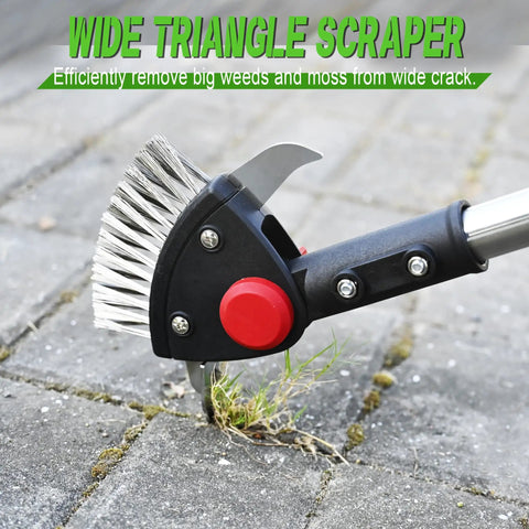 Wide triangle scraper of Long Reach 3 In 1 Weeding Tool with adjustable crevice cleaners on a patio.