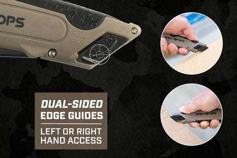 Self Retracting Box Cutter With Radius Tip Blade And Adjustable Depth, Dual Edge Guides For Quick Top Cuts, Includes Holster And Lanyard, Workhorse Ergonomic Safety Knife For Warehouse Cardboard Cutting, Built In Spare Blade Storage. close-up with dual-sided edge guides