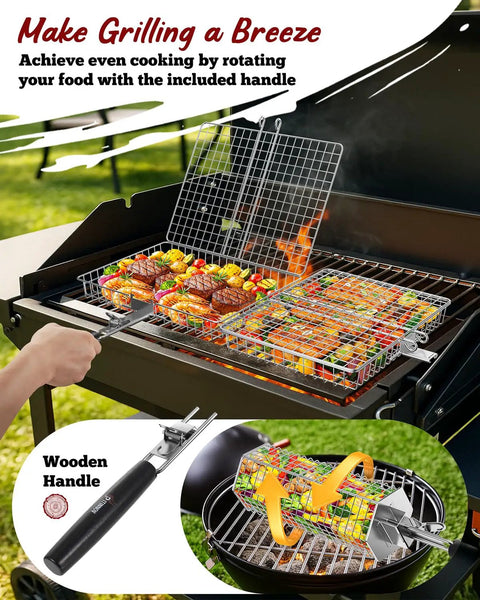 Three Piece Grill Basket Set With Removable Handles Stainless Steel Grilling Baskets on grill with vegetables and meats