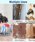 12 Piece Wire Wheel Brush Set For Four And A Half Inch Angle Grinders With Five Eight Eleven UNC Arbor Heavy Duty Knotted And Crimped Cup Brushes For Rust Removal And Corrosion Cleaning illustrating uses like weld cleaning, rust removal, paint stripping, and wood polishing.