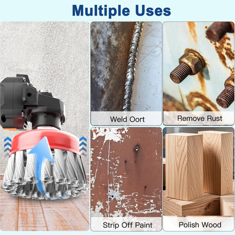 12 Piece Wire Wheel Brush Set For Four And A Half Inch Angle Grinders With Five Eight Eleven UNC Arbor Heavy Duty Knotted And Crimped Cup Brushes For Rust Removal And Corrosion Cleaning illustrating uses like weld cleaning, rust removal, paint stripping, and wood polishing.