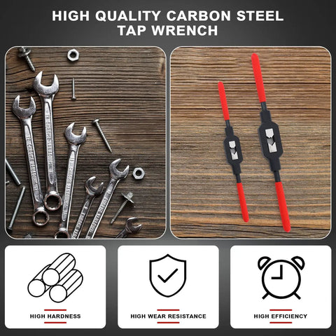 Heavy Duty Adjustable Tap Wrench Set Built Tough With No Hassle Ratcheting Handle For Gearheads And Machinists Covers M1 Through M10 Threads Includes Two Pre Oiled Tools That Work Absolutely Legit displayed with wrenches and tools.