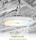 Beefed Up 300W LED High Bay UFO Light For Warehouses, Dimmable, IP69K Waterproof, shown under high-pressure water spray