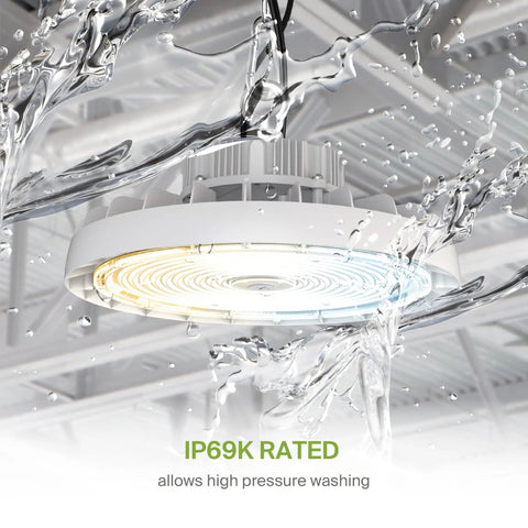 Beefed Up 300W LED High Bay UFO Light For Warehouses, Dimmable, IP69K Waterproof, shown under high-pressure water spray