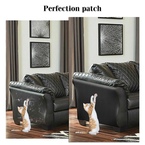 Leather Repair Kit For Furniture And Car Upholstery Advanced Pro Grade PU Self Adhesive Patch Heavy Duty Vinyl Repair Tape Black For Couch Car Seats Sofa And Office Chair applied on black leather couch armrest.