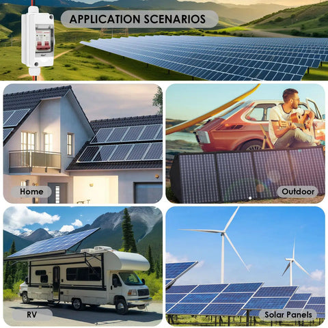 Outdoor Solar Disconnect Switch 20 Amp IP Waterproof DC Miniature Circuit Breaker For PV Systems And Home Use shown in various installation scenarios including home, RV, and solar panels.
