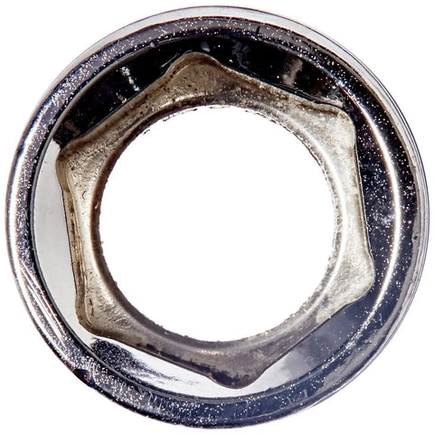 Top view of three eighths inch drive six point deep socket ten millimeter showing chamfered opening and off-corner loading design