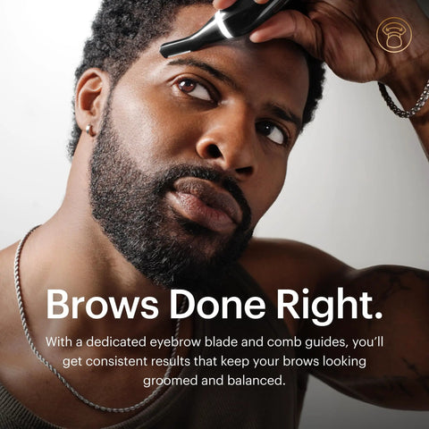 Man using Weed Whacker 3.0 Pro Electric Nose, Ear, And Eyebrow Trimmer With SkinSafe Dual Head System to trim eyebrows.