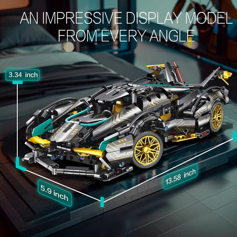 Technic Sports Car Building Kit 1:14 Scale Lambo V12 MOC Race Car Model with dimensions displayed, highlighting size and detail