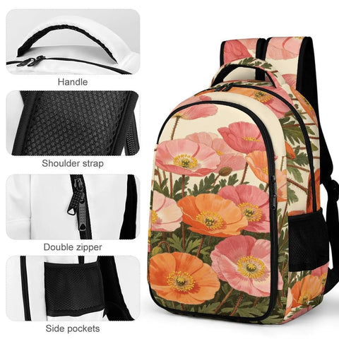 Peach Orange Wild Poppies Printed Unisex Backpack With Large Capacity, Durable Polyester Daypack with handle, zipper, and pockets