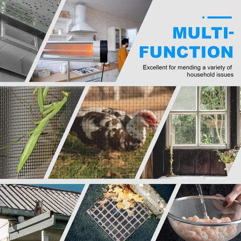 Collage showing Six Pack 12 By 8 Inch Heavy Duty Stainless Steel Wire Mesh Screen With 1mm Holes used in various applications.
