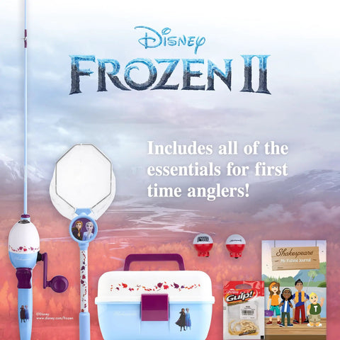 Frozen Themed Kids Fishing Set With 2'6 Rod And Reel, Net, Tackle Box, Bobbers And Bait displayed with Disney Frozen II theme