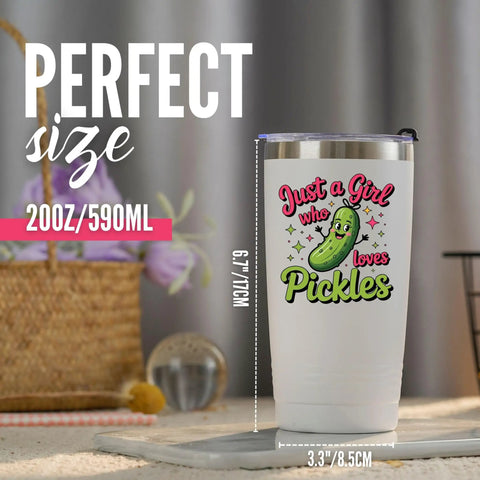 Pickle Girl Vibes 20 Oz Insulated Stainless Steel Travel Tumbler With Secure Lid, 200Z size, fun pickle design, elegant drinkware.