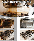 Cleaning performance of the Grab This Badass Portable Handheld Steam Cleaner! 1300W showing before and after on greasy stovetop and hood.