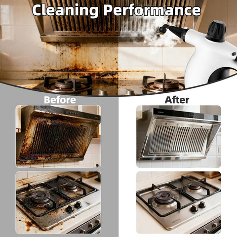 Cleaning performance of the Grab This Badass Portable Handheld Steam Cleaner! 1300W showing before and after on greasy stovetop and hood.