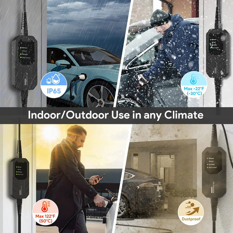 Skysword II Level 1 EV Charger Portable Home EVSE With 110V 16A 25ft Cord, showing indoor and outdoor use in all weather conditions