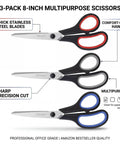 Triple Pack 8 Inch Heavy Duty Scissors With Comfort Grip Handles Pro Grade Ultra Sharp Stainless Steel Blades For Everyday Use In Office School Home Crafts And Sewing.