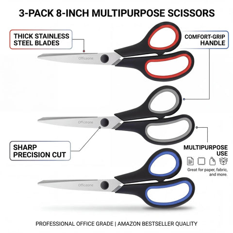 Triple Pack 8 Inch Heavy Duty Scissors With Comfort Grip Handles Pro Grade Ultra Sharp Stainless Steel Blades For Everyday Use In Office School Home Crafts And Sewing.