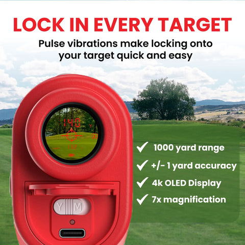 Front view of red Slope Golf Rangefinder with Slope Switch Laser Lock, showing display and green field in background.
