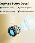 Close-up of Smart Solar Powered Bird Feeder With Camera, Slow Motion Video And Night Insight, showcasing lens and features.