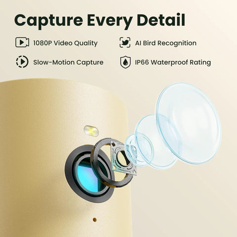 Close-up of Smart Solar Powered Bird Feeder With Camera, Slow Motion Video And Night Insight, showcasing lens and features.