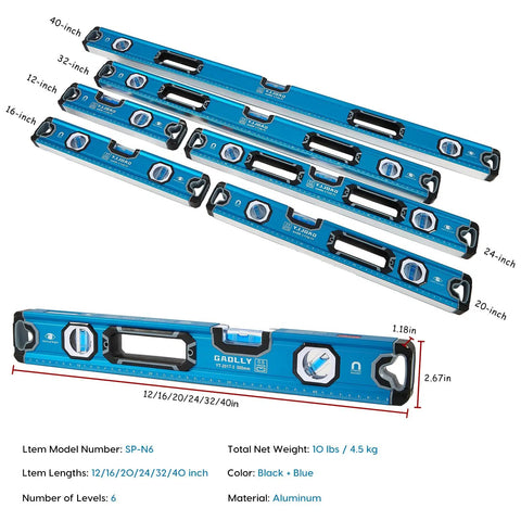 Spot On 6 Piece Spirit Level Set With Magnetic Torpedo And Multi Angle Vials In 12 To 40 Inch Ranges Featuring Durable Aluminum Alloy Build For Bang On Measurements And Tough Job Site Layouts