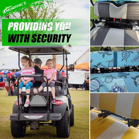 Universal Golf Cart Seat Belt Kit For 4 Seat Carts, children secured, retractable belts, variety of seat designs, outdoor setting