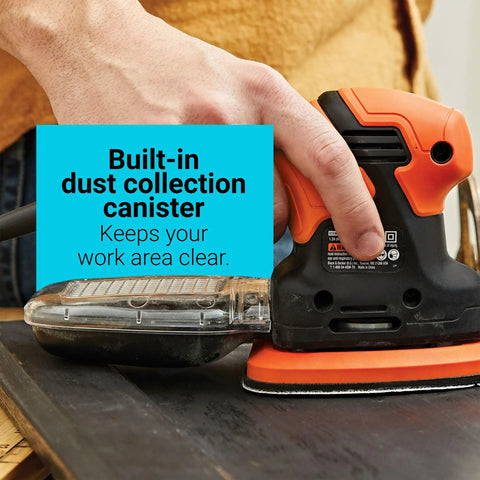 Compact 1.2 Amp Electric Mouse Detail Sander Handy For Tight Spaces with built-in dust collection canister in use on wood