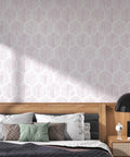 Fresh Dope Geometric Peel And Stick Wallpaper Roll With Killer Matte Stripe Design Waterproof Vinyl Contact Paper Easy To Install Removable Self Adhesive Backing 17 3 X 393 Inches on bedroom wall with soft hexagonal design in pink and white.