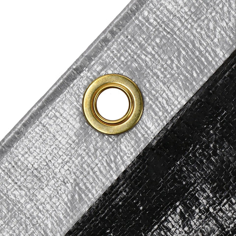 Silver and black Built Tough Heavy Duty Poly Tarp Cover 16 Mil And 10 Mil With Grommets And Reinforced Edges 20x30 Ft close-up