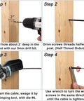 Installation guide for 60 Pack Black T316 Stainless Steel Left And Right Hand Thread Swage Lag Screws For Wood Posts One Eighth Inch Cable Railing Kit For Deck Or Stair Rails DIY Baluster Hardware Wrench Included, showing steps to drill, insert screws, swage cable, and tighten with wrench.