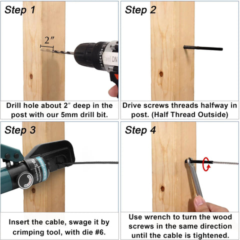 Installation guide for 60 Pack Black T316 Stainless Steel Left And Right Hand Thread Swage Lag Screws For Wood Posts One Eighth Inch Cable Railing Kit For Deck Or Stair Rails DIY Baluster Hardware Wrench Included, showing steps to drill, insert screws, swage cable, and tighten with wrench.