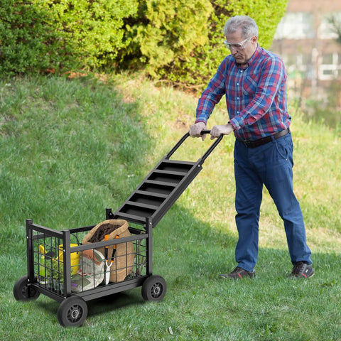 Senior using All-In-One Rolling Garden Stool With Wheels, Heavy Duty Outdoor Cart For Yard And Patio, metal garden cart