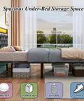 Modern Full Size Bed Frame With App Controlled LED Lights And Built In Dual USB Ports, Padded PU Leather Headboard showing spacious under-bed storage.