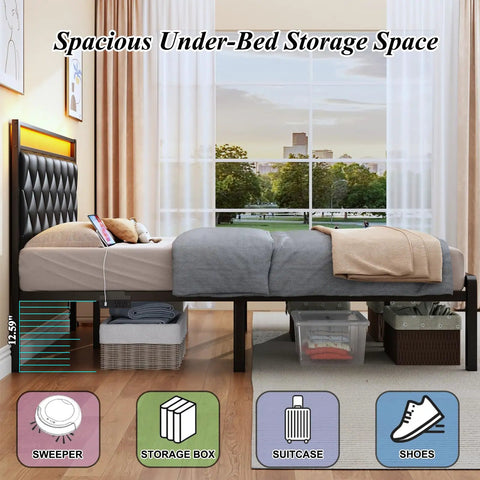 Modern Full Size Bed Frame With App Controlled LED Lights And Built In Dual USB Ports, Padded PU Leather Headboard showing spacious under-bed storage.