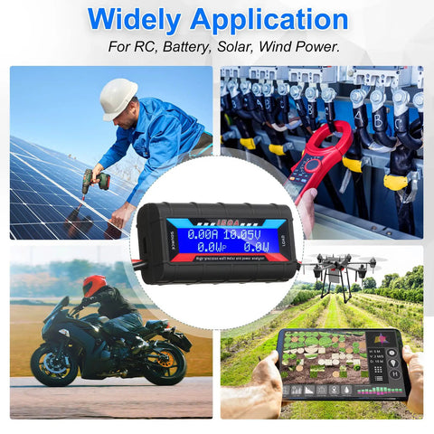 Two Pack High Precision Watt Meter Power Analyzer displays clear readings; used for solar, RC, and electric applications, Model 9000.